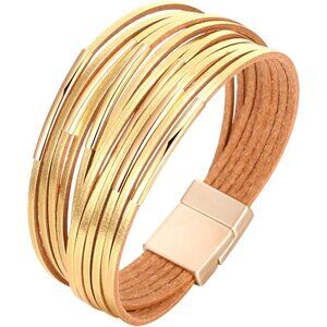 Women's Golden Leather Wrap Bracelet Magnetic Cord Chain With MultiLayer Crystel
